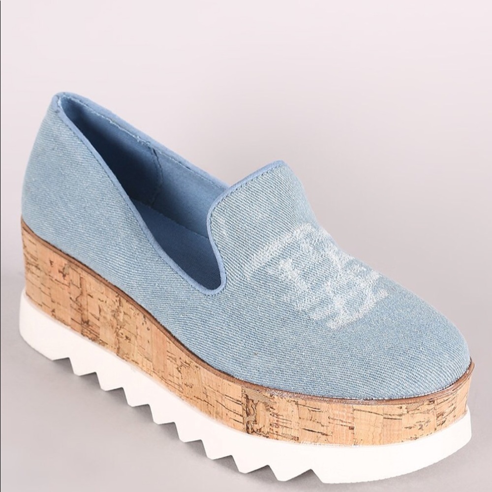 BAMBOO Distressed Denim Loafer Wedge Platform
